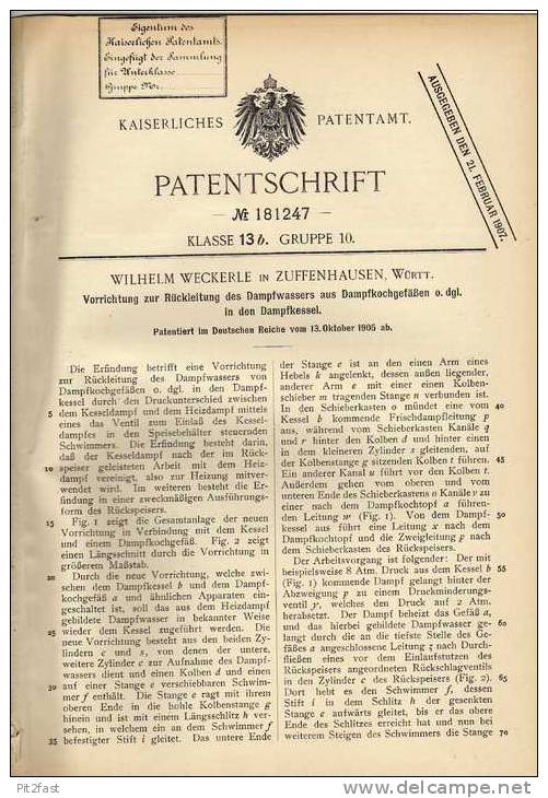 Original Patentschrift - W. Weckerle In Zuffenhausen , 1905, Dampfkessel Vorrichtung , Stuttgart !!! - Machines