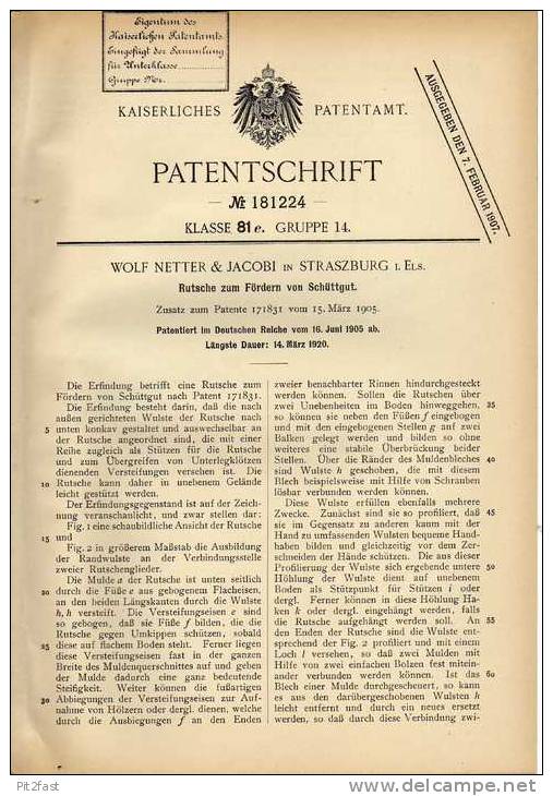 Original Patentschrift -  Netter & Jacobi In Strassburg , 1905, Rutsche Für Schüttgut !!! - Maschinen