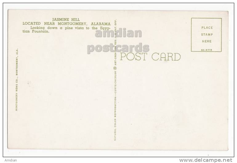 USA MONTGOMERY ALABAMA AL, JASMINE HILL EGYPTIAN FOUNTAIN - Vintage Old Postcard - 1950-60s - Montgomery