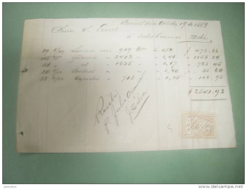 Facture Manuscrite Pour Mr Louet  Buenos Aires 1889 Timbre Fiscal - USA