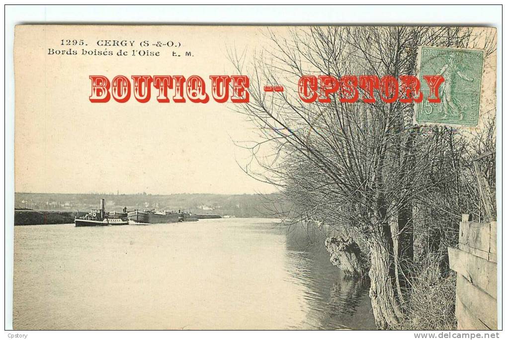 PENICHE & REMORQUEUR  à Cergy Avec Deux Péniches En Remorquage Sur L´Oise - Batellerie - Dos Scané - Hausboote