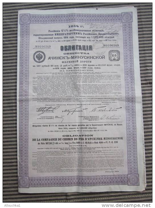 Obligation Compagnie Chemin De Fer Russe D'Atchinsk-Minoussinsk-187,50 Rbles-1914.Action Titre Scriptophilie - Bahnwesen & Tramways