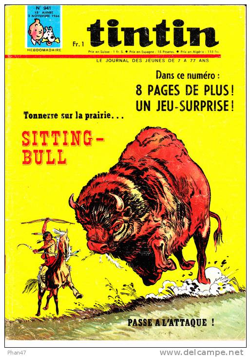 TINTIN JOURNAL 941 1966 Bison, Sitting-Bull (Indien), Bateaux-vedettes Rapides, Hydroglisseurs, évadés De Half-way-house - Tintin