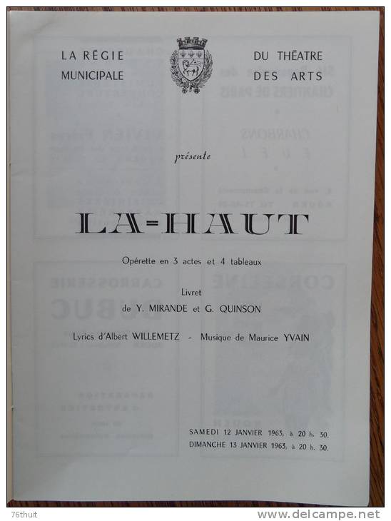 Saison 1962-1963 - Théâtre Des Arts - Rouen - Là-haut - Opérette Janv. 1963 - Programmi