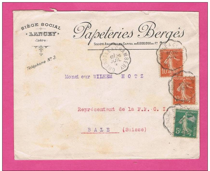 PAPETERIES BERGES LANCEY Cachet Ambulant 1916 GRENOBLE A CHAMBERY - 1921-1960: Modern Period