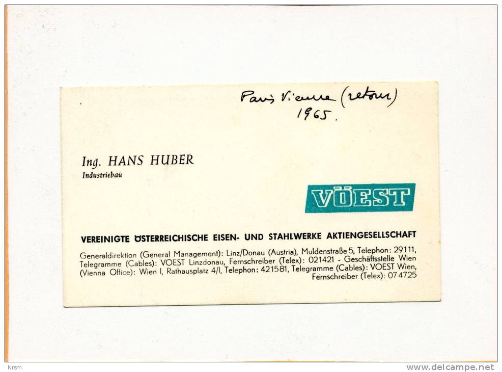 Carte De Visite Ancienne HUBER / Maison VOEST à VIENNE (Autriche) / Ingénieur - Visiting Cards