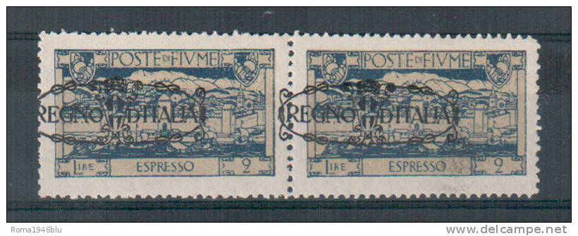 FIUME 1924 ESPRESSO  SOP.TI "REGNO D'ITALIA"  2 L. COPPIA SOP. FORTEMENTE SPOSTATA IN SENSO ORIZZONTALE ** MNH - Fiume