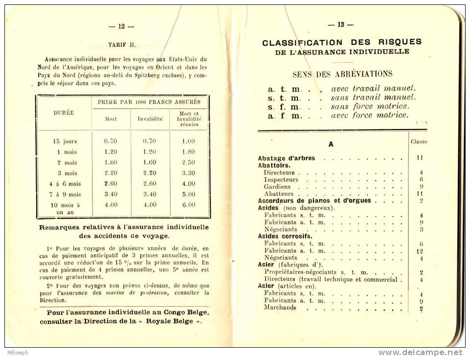 LA ROYALE BELGE - Assurance Individuelle - 1930 - Tarif - Classification Des Risques   (2221) - Ohne Zuordnung