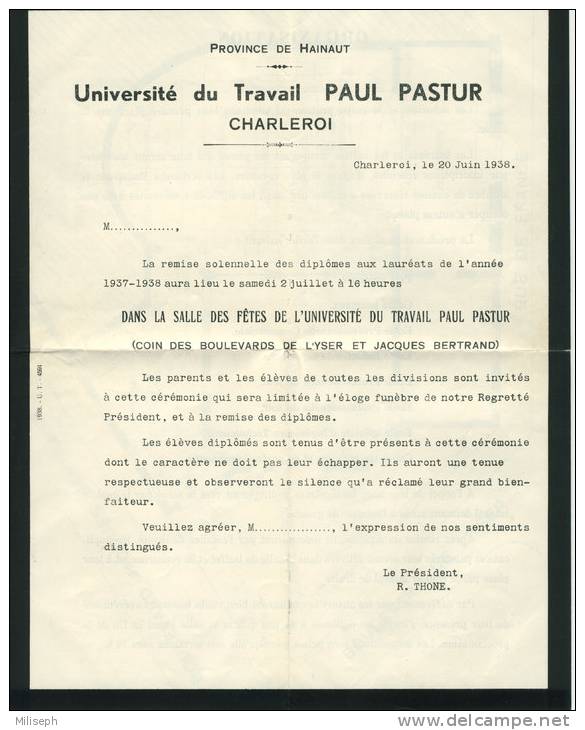 UNIVERSITE DU TRAVAIL Paul PASTUR Charleroi - DIPLOMES Délivrés En 1937-1938 - IN MEMORIAM - Eloge De P. PASTUR   (2222) - Diplomas Y Calificaciones Escolares