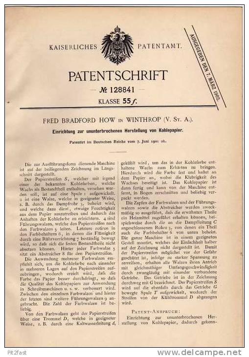 Original Patentschrift - F. How In Winthrop , USA , 1901 , Maschine Für Kohlepapier Herstellung !!! - Máquinas