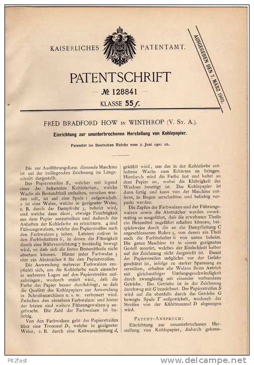 Original Patentschrift - F. How In Winthrop , USA , 1901 , Maschine Für Kohlepapier Herstellung !!! - Tools