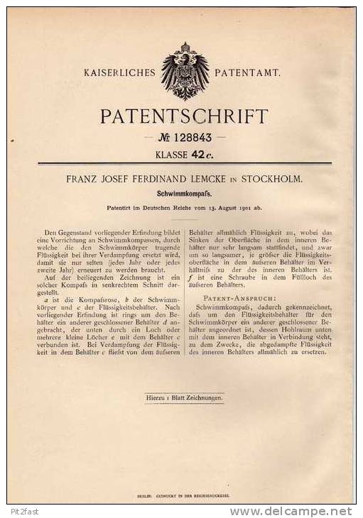 Original Patentschrift - F. Lemcke In Stockholm , 1901, Kompass , Schwimmkompaß !!! - Technik & Instrumente