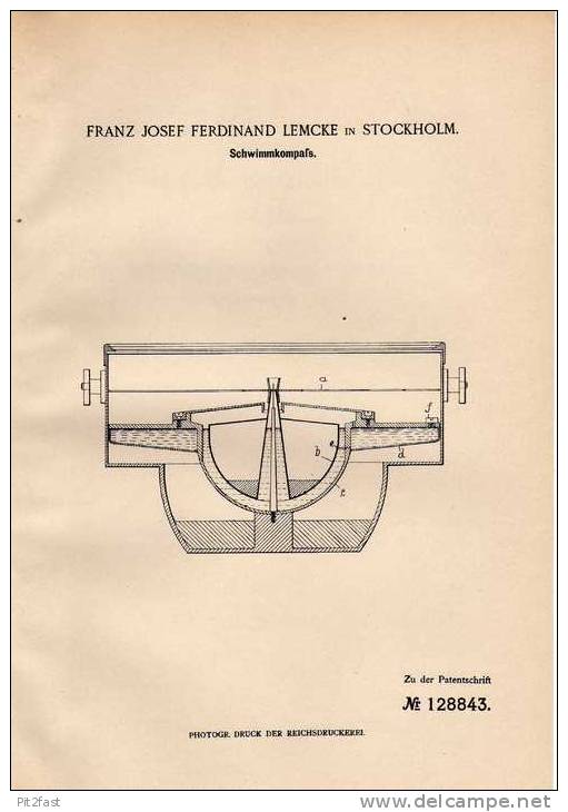 Original Patentschrift - F. Lemcke In Stockholm , 1901, Kompass , Schwimmkompaß !!! - Technik & Instrumente