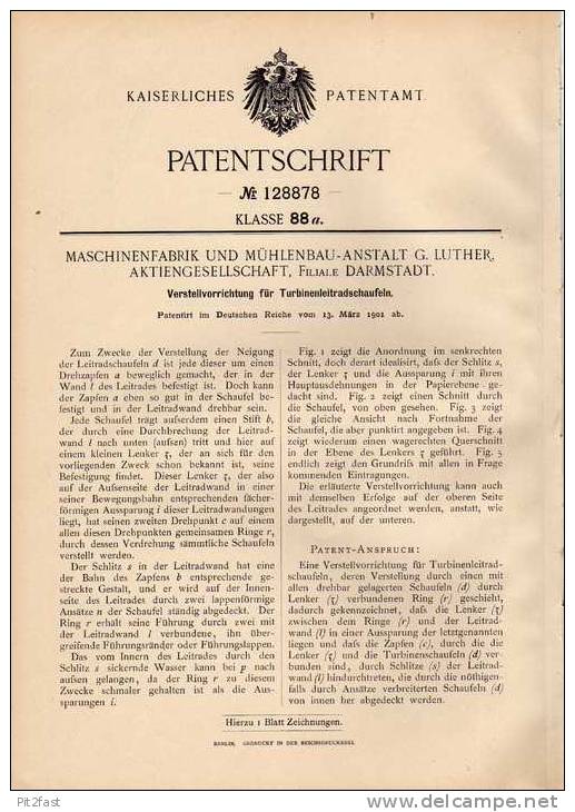 Original Patentschrift - Maschinen- Und Mühlenbau AG In Darmstadt , 1901, Turbine , Leitschaufeln !!! - Otros & Sin Clasificación