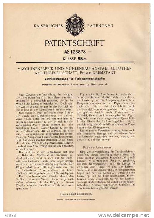 Original Patentschrift - Maschinen- Und Mühlenbau AG In Darmstadt , 1901, Turbine , Leitschaufeln !!! - Andere & Zonder Classificatie