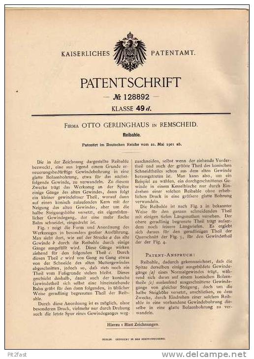 Original Patentschrift - Fa. Gerlinghaus In Remscheid , 1901, Reibahle , Werkzeug !!! - Antike Werkzeuge