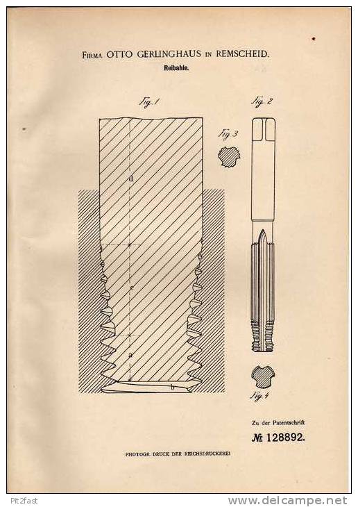 Original Patentschrift - Fa. Gerlinghaus In Remscheid , 1901, Reibahle , Werkzeug !!! - Antike Werkzeuge
