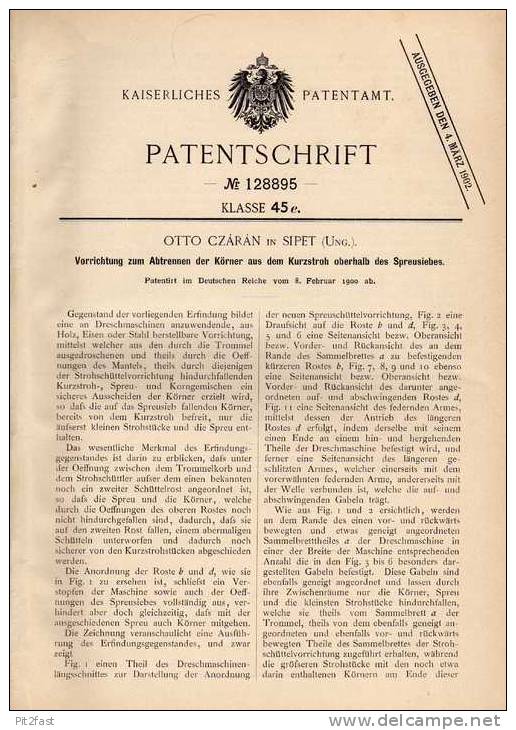 Original Patentschrift - O. Czaran In Sipet , Ungarn , 1900, Dreschmaschine , Landwirtschaft , Ernte !!! - Máquinas