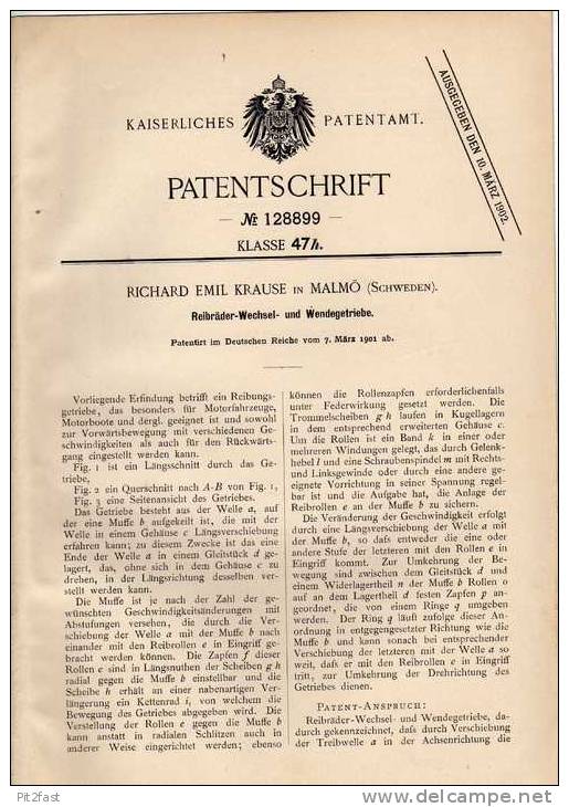 Original Patentschrift - R. Krause In Malmö , 1901 , Reibräder Wechsel- Und Wendegetriebe , Getriebe !!! - Cars