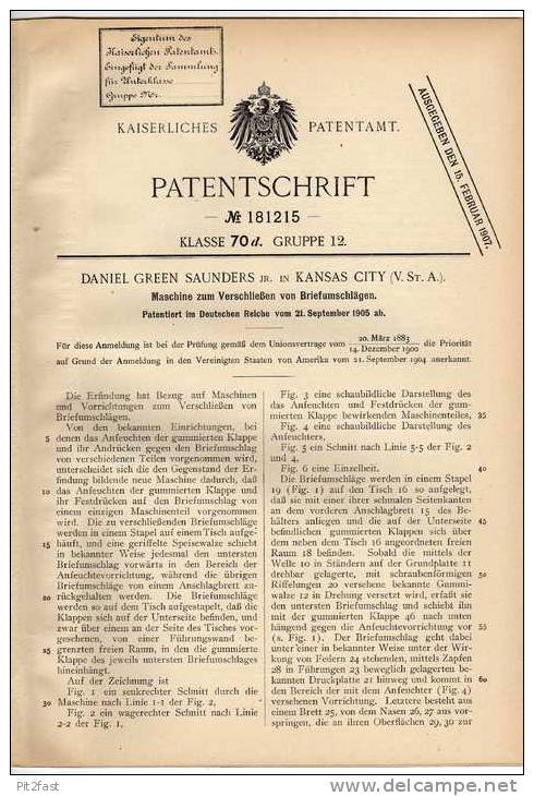 Original Patentschrift - Maschine Für Briefumschläge , Brief , 1905 , D. Saunders In Kansas City , USA !!! - Tools