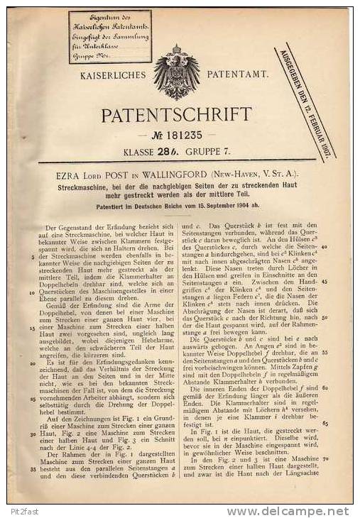 Original Patentschrift - Streckmaschine Für Haut , 1904, E. Post In Wallingford , New Haven , USA !!! - Máquinas