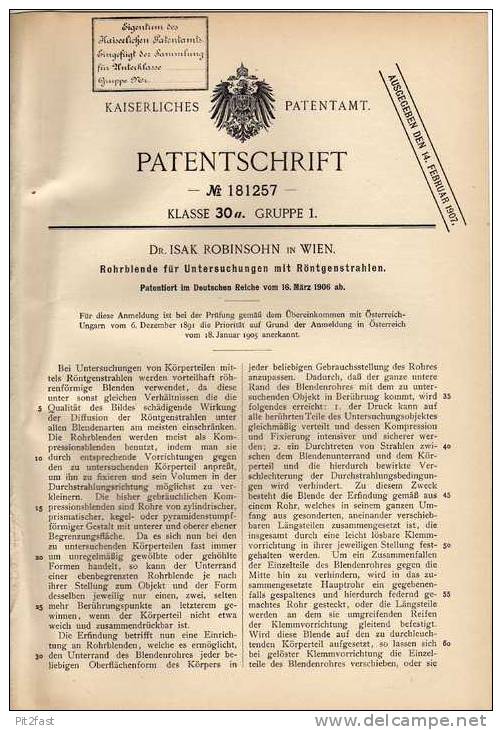 Original Patentschrift - Dr. Robinsohn In Wien , 1906, Röntgenapparat , Röntgen , Arzt !!! - Tools