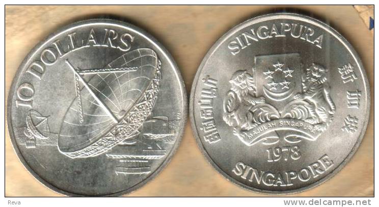 SINGAPORE $10  EMBLEM FRONT SATELLITE DISH BACK 1978 SILVER UNC  KM17 READ DESCRIPTION CAREFULLY !!! - Singapur