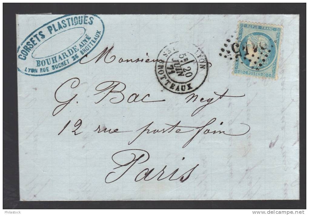 FRANCE 1871 N° 37 Obl. S/Lettre Entiére GC 2145 E C à D Lyon Les Brotteaux - 1870 Siege Of Paris