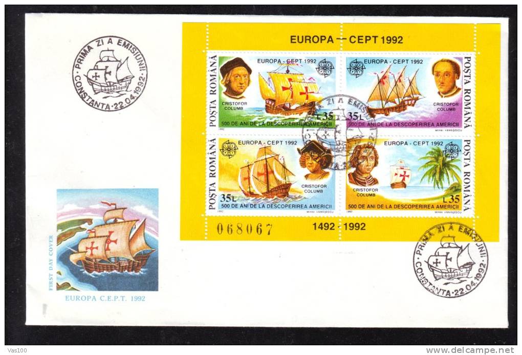 CHRISTOPHER COLUMB, 1992, COVER FDC, ROMANIA - Christophe Colomb