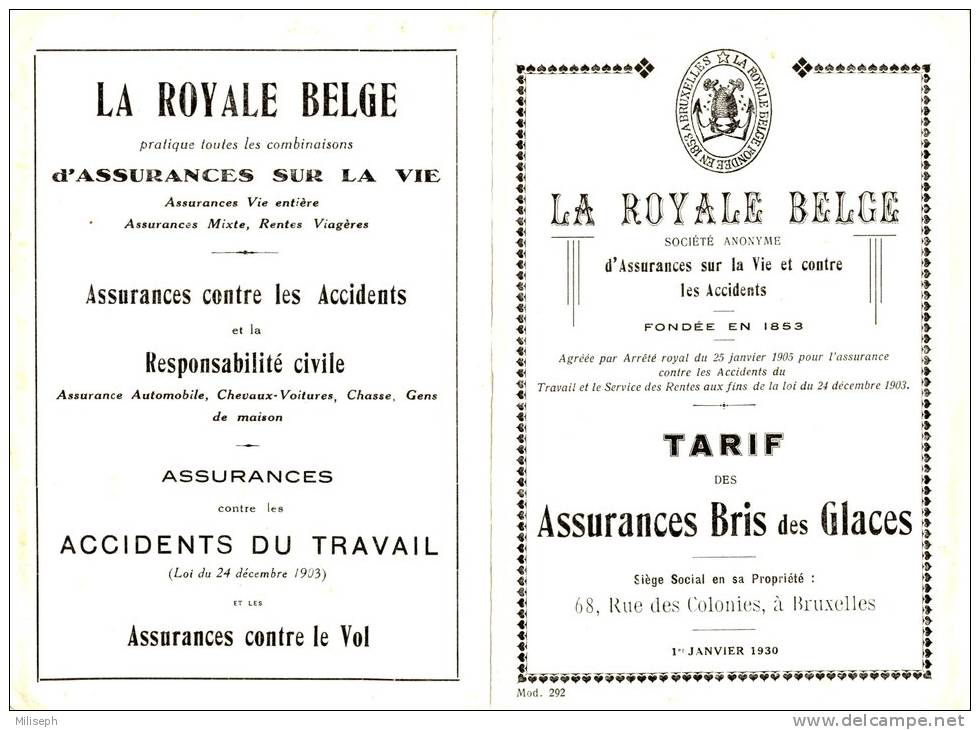 LA ROYALE BELGE - Feuillet Publicitaire - Tarif Des Assurances Bris De Glaces - 1930  (2237) - Publicités