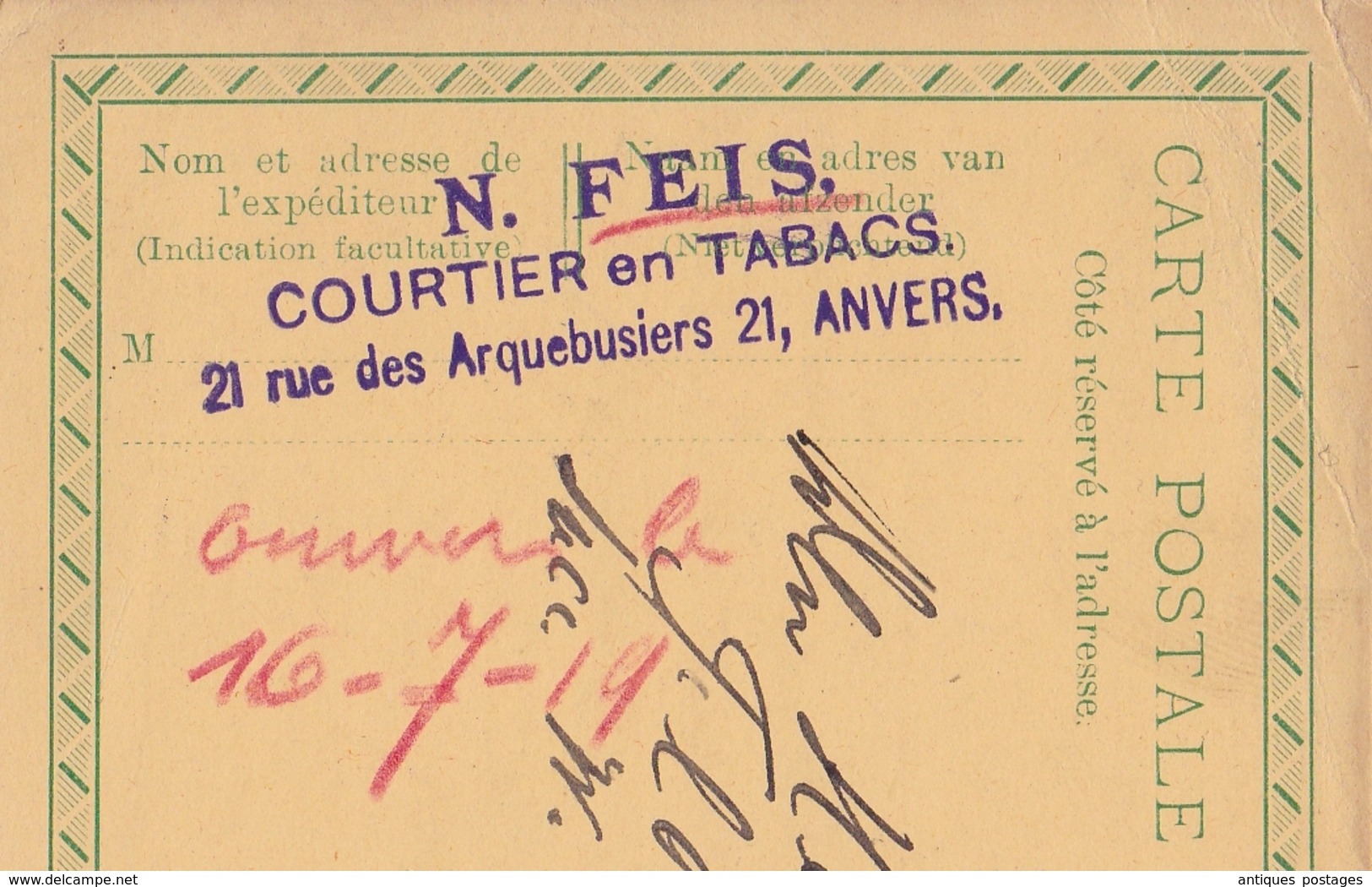 Carte Postale 1919 Belgique  Anvers Feis Courtier En Tabac Entier Postal Albert Ier - Tobacco