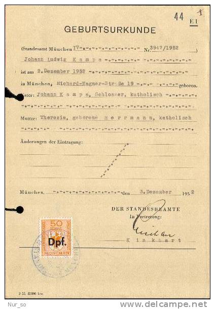 Germany Certificate München Local Revenue 1952 Geburtsurkunde Gebührenmarke Stempelmarke Timbre Fiscal - Storia Postale