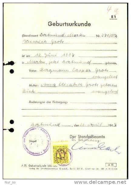 Germany Certificate Dortmund Local Revenue 1947 Geburtsurkunde Gebührenmarke Stempelmarke Timbre Fiscal - Storia Postale