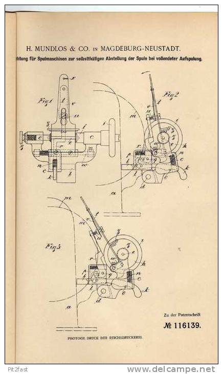 Original Patentschrift - H. Mundlos In Magdeburg - Neustadt , 1900 , Spulmaschine , Spule !!! - Maschinen