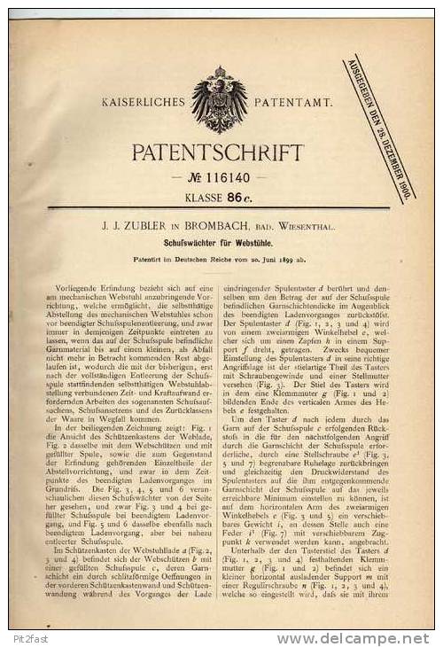 Original Patentschrift - J. Zubler In Brombach , Bad Wiesenthal , 1899 , Schußwächter Für Webstuhl , Weberei !!! - Tools