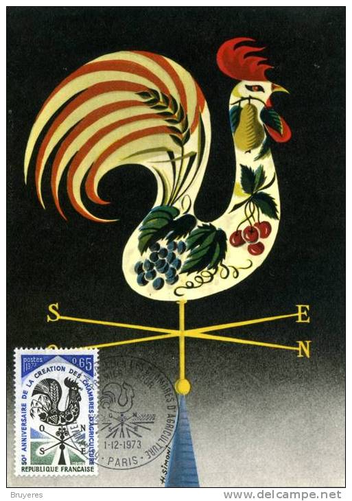 CP PJ De 1973 Avec Timbre "Anniversaire Création Chambres Agriculture"  Et Illut. "COQ" - Oblit.  PJ  Paris 1-12-1973 - Hühnervögel & Fasanen