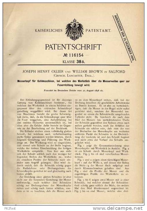 Original Patentschrift - J. Ollier In Salford , Lancester , 1898, Kehlmaschine , Messerkopf !!! - Máquinas
