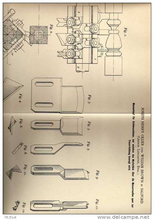Original Patentschrift - J. Ollier In Salford , Lancester , 1898, Kehlmaschine , Messerkopf !!! - Maschinen