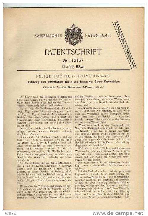 Original Patentschrift - F. Turina In Fiume / Rijeka , 1900, Wasserrad , Wassermühle , Mühle !!! - Andere Pläne