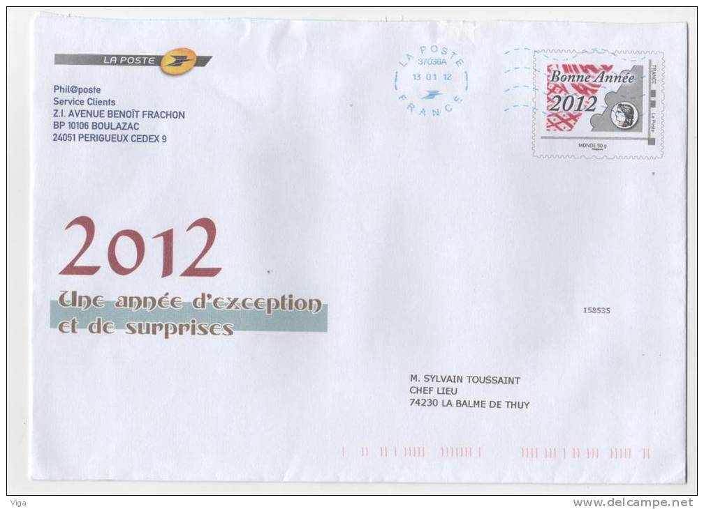 ENTIER POSTAL LAPOSTE BONNE ANNEE 2012  MONDE 50G  DU 13/01/2012  SUPERBE - Pseudo-officiële  Postwaardestukken