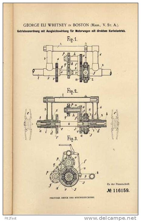 Original Patentschrift - G. Whitney In Boston , 1899 , Getriebeanordnung Für Motorwagen , Getriebe !!! - KFZ