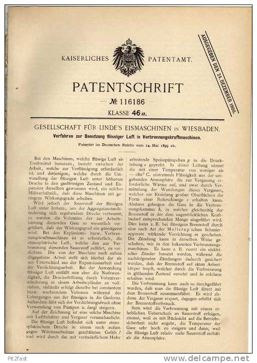 Original Patentschrift - Linde`s Eismaschinen In Wiesbaden , 1899, Verbrennungsmaschine Mit Flüssiger Luft !!! - Machines