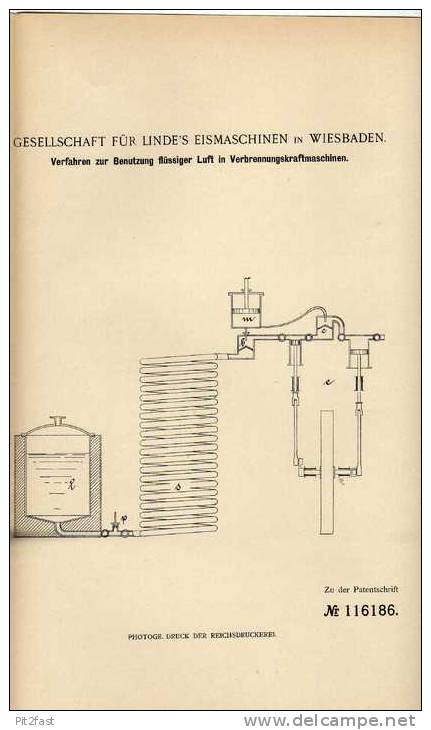 Original Patentschrift - Linde`s Eismaschinen In Wiesbaden , 1899, Verbrennungsmaschine Mit Flüssiger Luft !!! - Macchine