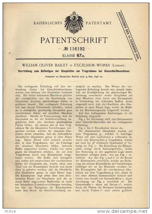 Original Patentschrift - W. Bailey In Excelsior - Works , London , 1898 , Glasschleifmaschine , Glas , Glaserei !!! - Machines