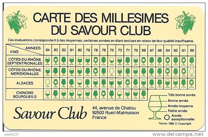 Carte Des Millésimes Du Savour Club, 1953-1984 - Alcolici