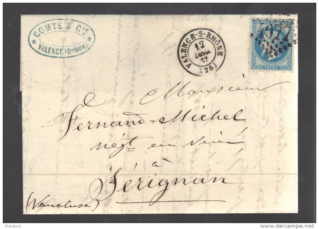 FRANCE 1867 N° 29 Obl. S/Lettre Entiére GC 4077 C à D Valence S/Rhone - 1862 Napoléon III
