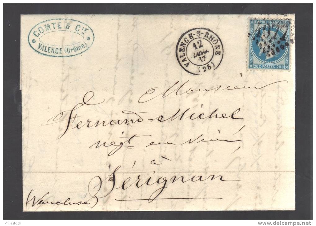 FRANCE 1867 N° 29 Obl. S/Lettre Entiére GC 4077 C à D Valence S/Rhone - 1862 Napoleon III