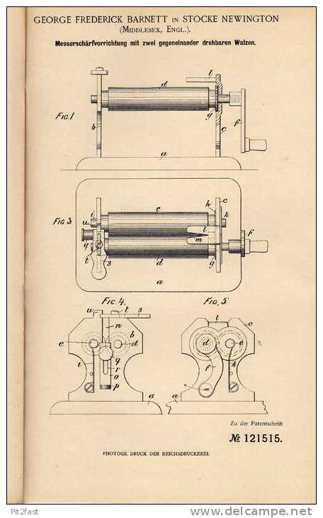 Original Patentschrift - Messerschärfvorrichtung Mit Walzen , 1899, G. Barnett In Stocke Newington !!! - Macchine