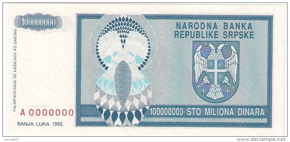 Bosnia And Herzegovina 100.000.000 Dinara 1993. UNC P-146s SPECIMEN ZERO NUMBERED - Bosnie-Herzegovine