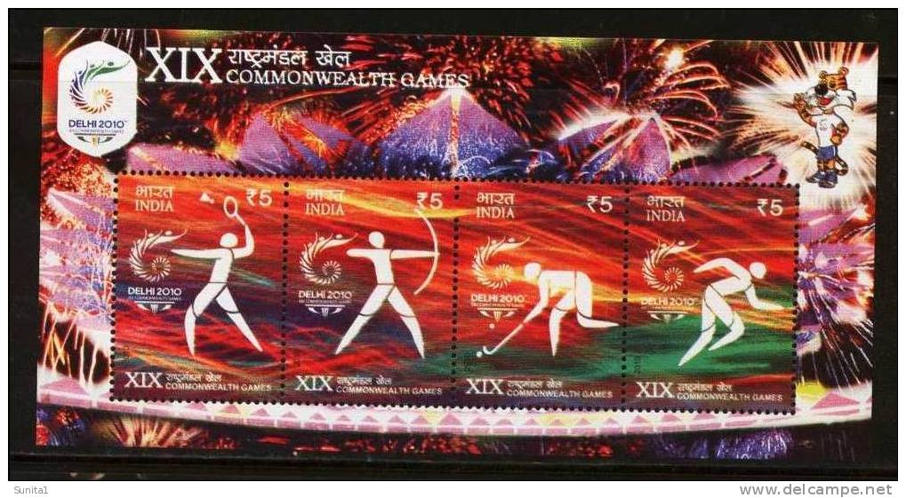 Archery, Hockey, Badminton,  Athletics, Tiger, Fireworks,lighting,commonwealth  Games, Miniature Sheet, Indi - Hockey (Veld)